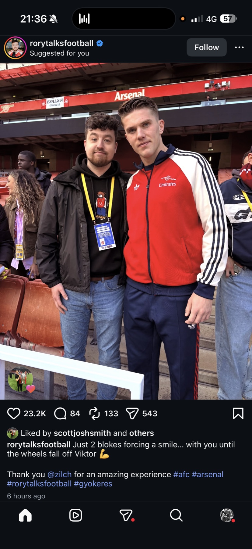 Captured Rory Talks Football Instagram post from an Arsenal matchday experience with Zilch