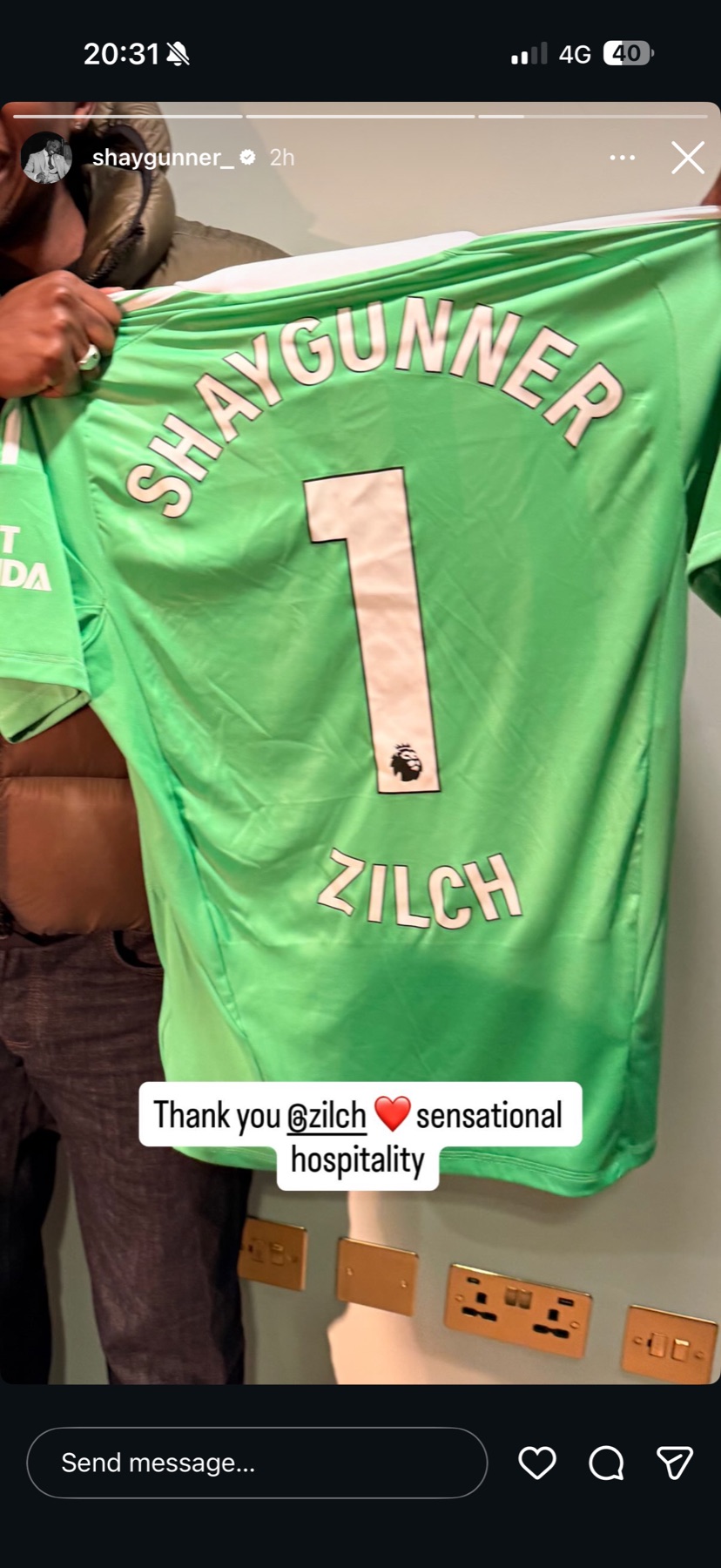 Captured Shay Gunner Instagram Story thanking Zilch for Arsenal hospitality
