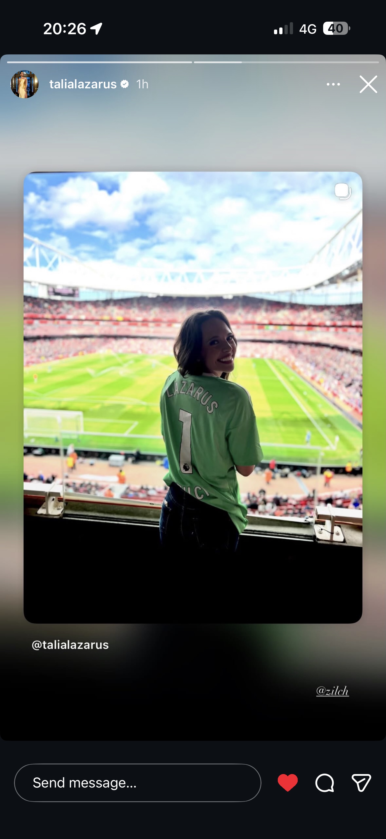 Talia Lazarus sharing a Zilch-tagged Instagram Story from an Arsenal match at Emirates Stadium